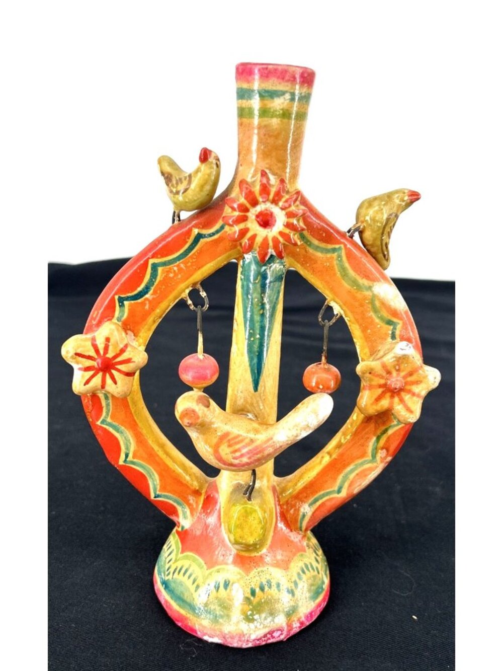 Mexican Folk Art Candle Holder Pottery Ceramic Candelabra Tree of Life 8"